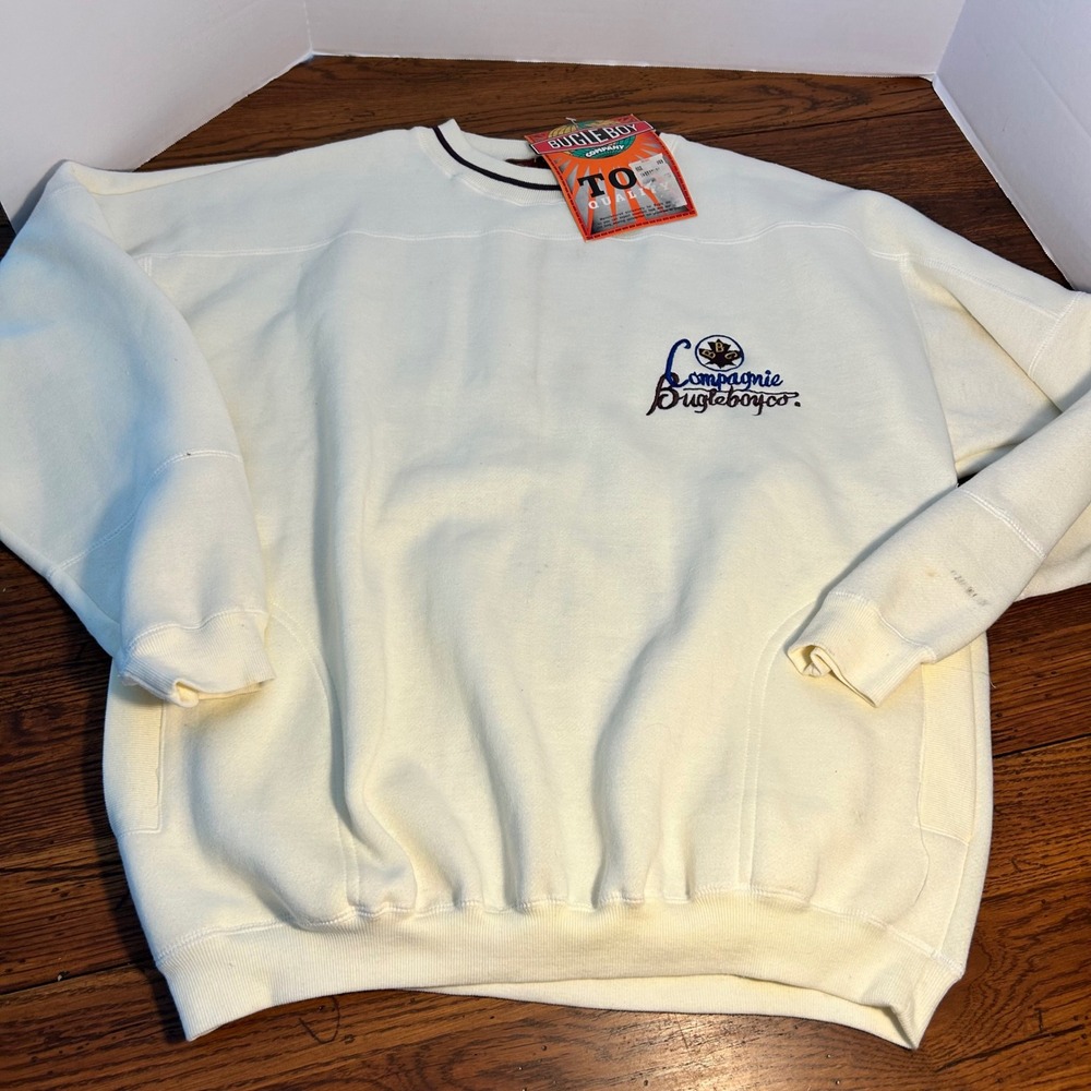 Vintage Bugle Boy Mens XL Sweatshirt Cream Compagnie Logo Pockets 29466A15 NWT
